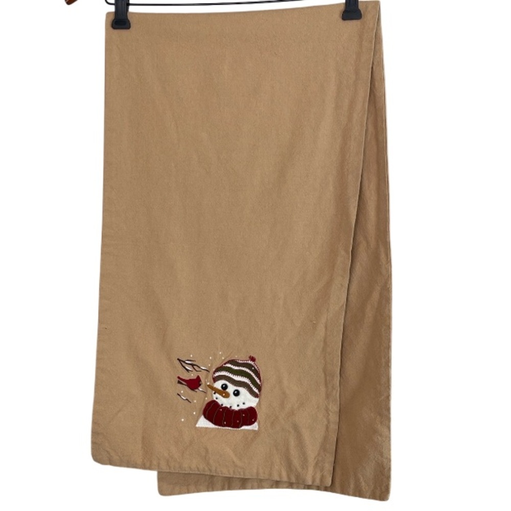 Tan Snowman and Cardinal Embroidered Table Runner Winter Christmas Decor